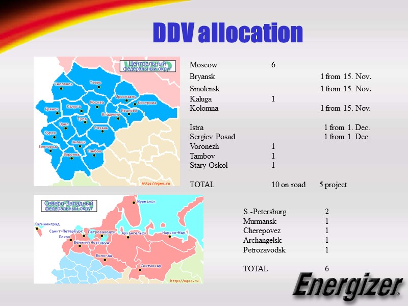 DDV allocation  S.-Petersburg  2 Murmansk  1 Cherepovez  1 Archangelsk 